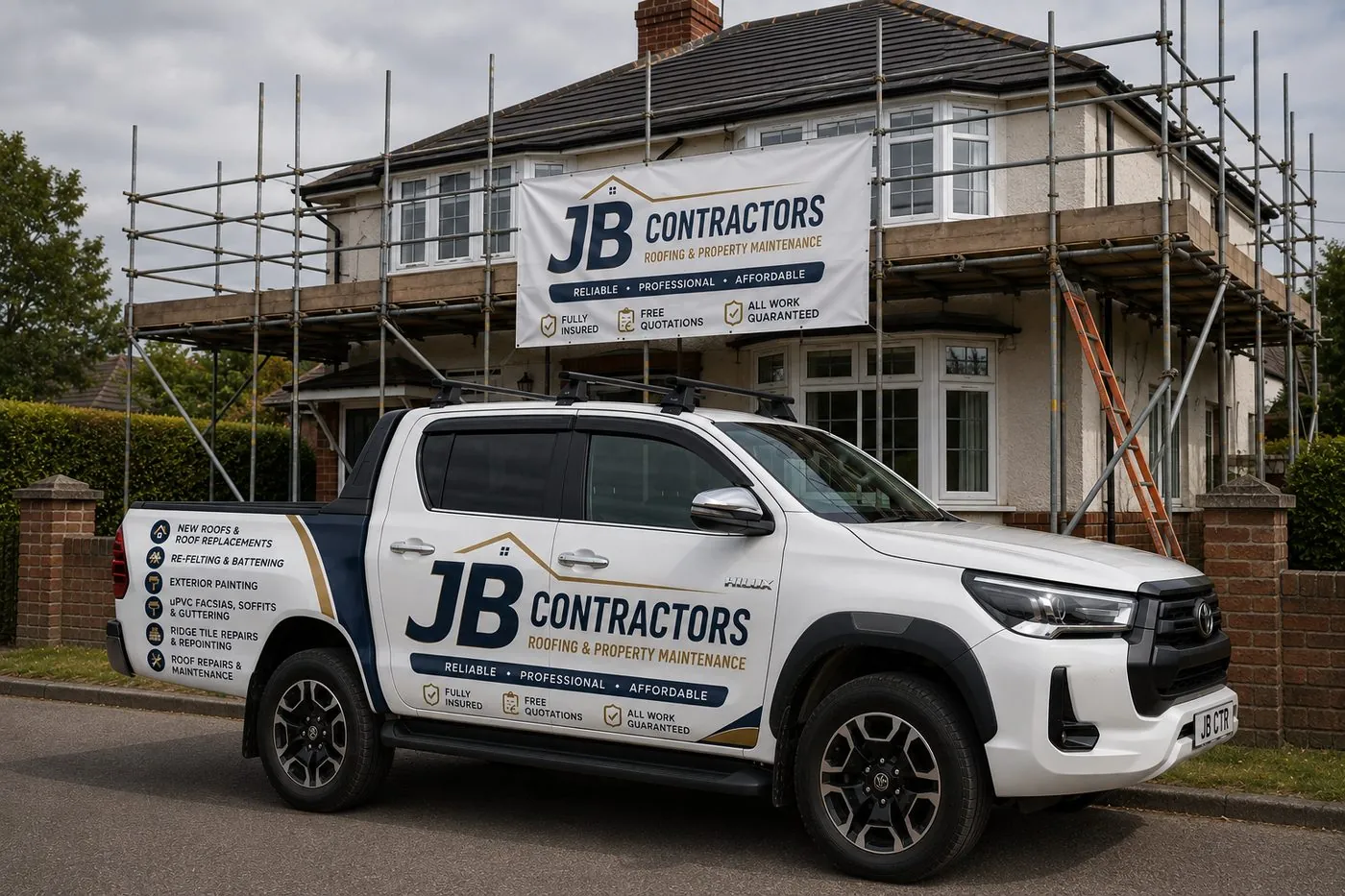 Looe Roofing pickup truck on site at a scaffolded roofing job in Looe